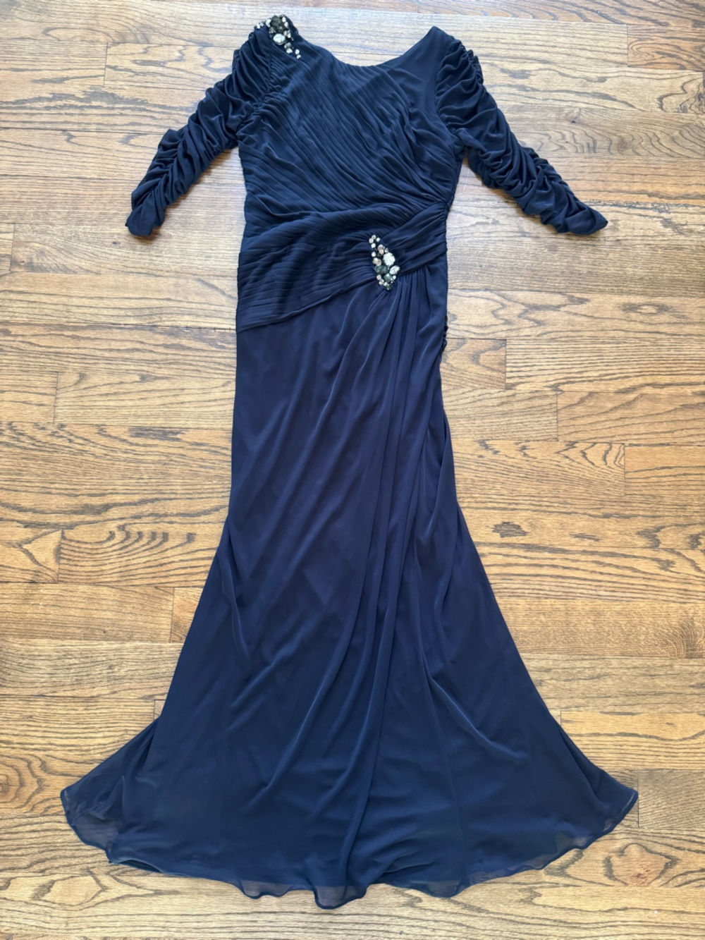 Adrianna Papell Navy Draped Chiffon Beaded Gown Size 8